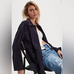 Free People Annalise Navy Suede Shirt Jacket